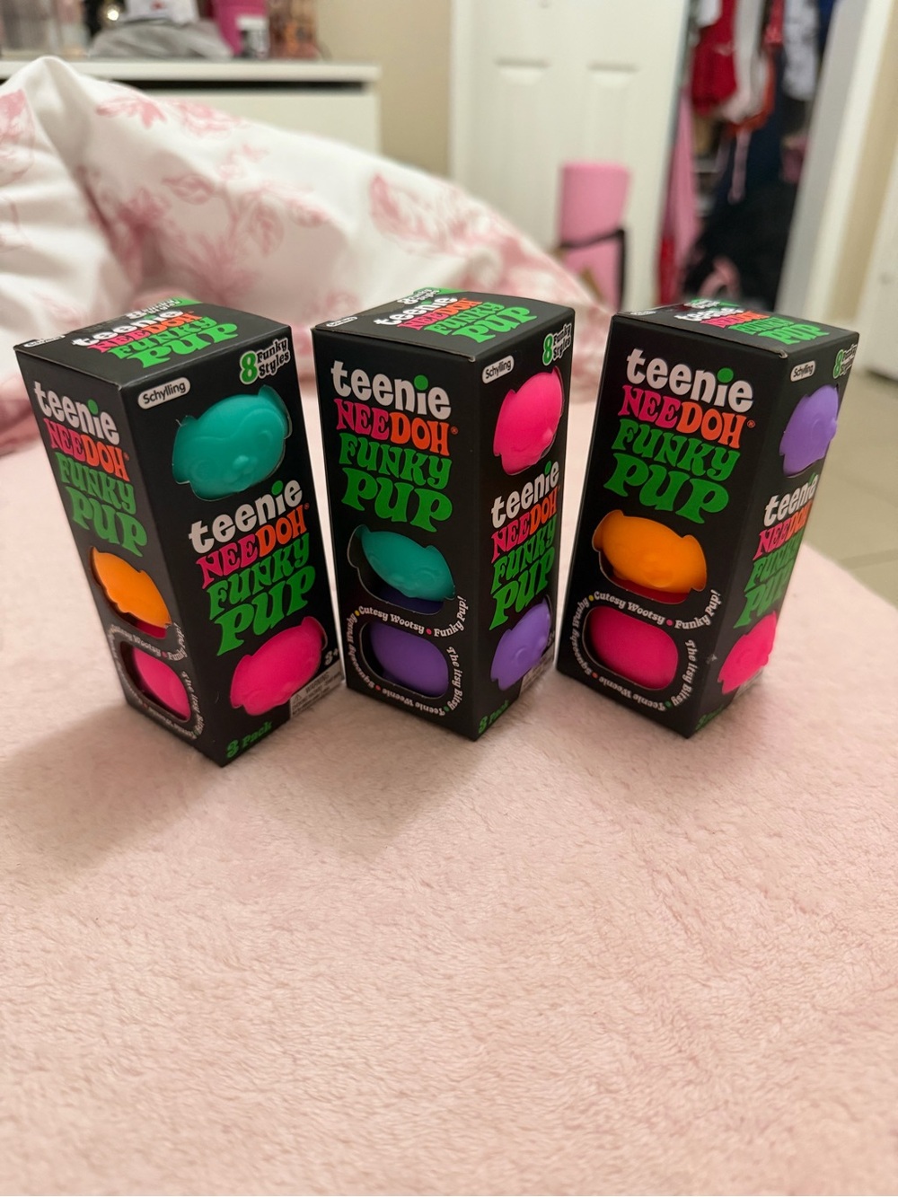 BUNDLE 3 Teenie Needoh Funky Pups 3 Pack (3 Pink, 2 Purple, 2 Blue & 2 Orange)